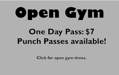 Open Gym One Day Pass: $7 Punch Passes available!  Click for open gym times.